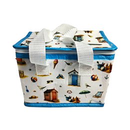  A rectangular insulated lunch bag with a coastal design featuring beach huts, seashells, and other seaside elements. The bag has white straps and a blue and white color scheme.