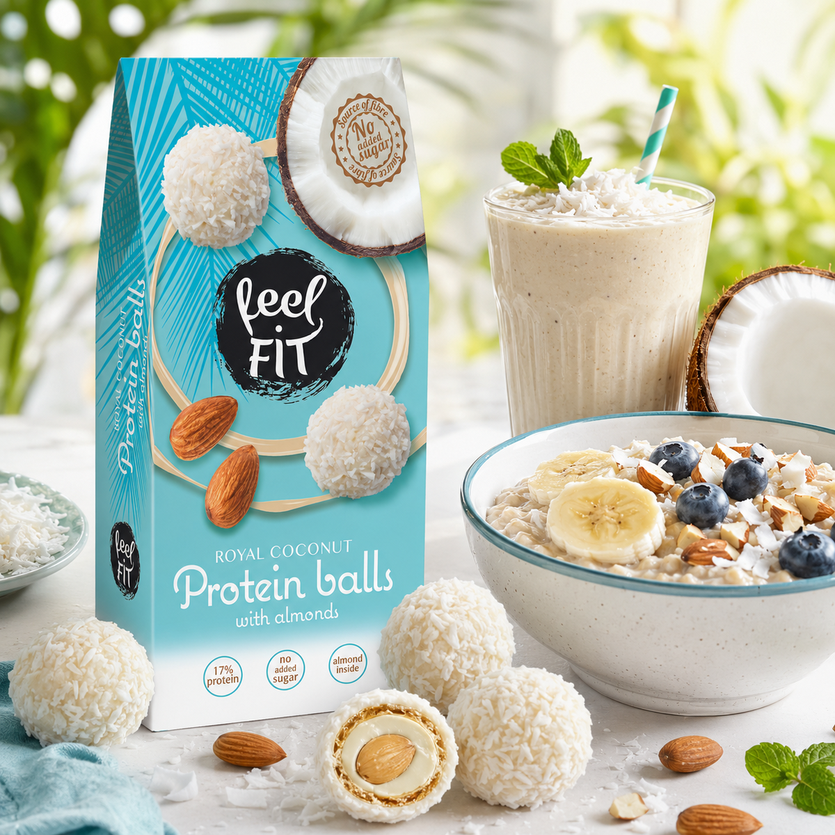 Feel FIT Royal Coconut Protein Balls mit ganzen Mandeln, 17 % Protein, ohne Zuckerzusatz, ohne Palmöl, 63 g