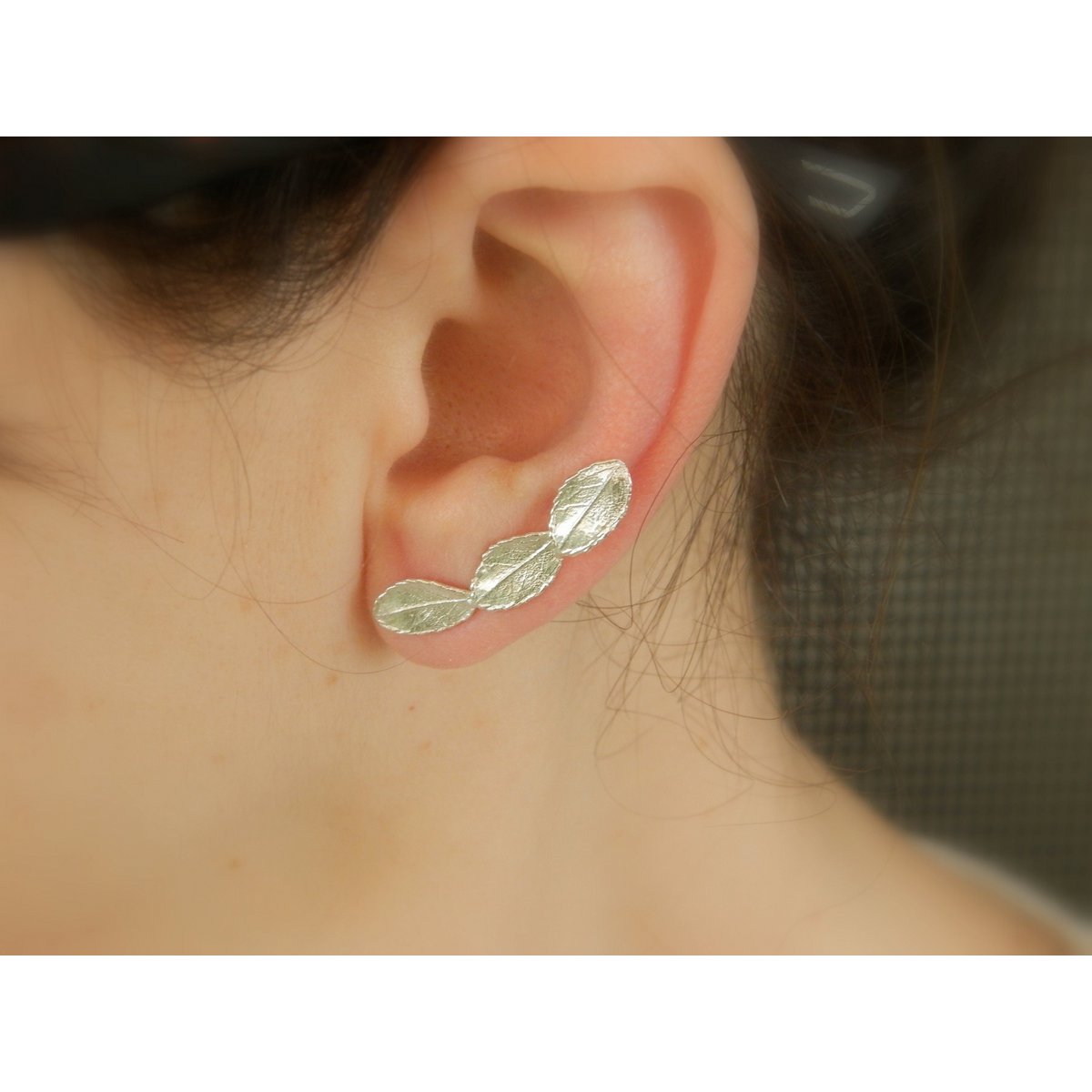 Rose Leaf Earrings: Sterling Silver Ear Climbers (Mismatched Pair)