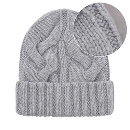 Light grey knitted beanie, merino cashmere blend, minimalist cable knit pattern, warm winter hat, soft texture.