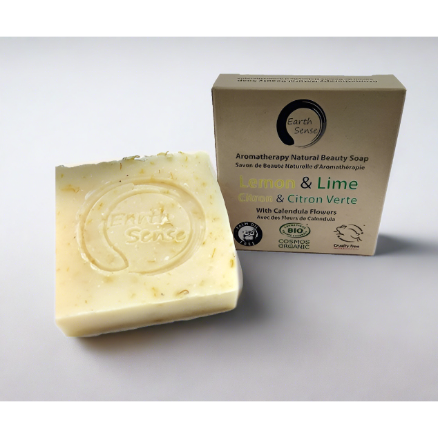 Bio -zertifizierte solide Seife - Zitrone & Lime mit Kalendula Blumen 90g