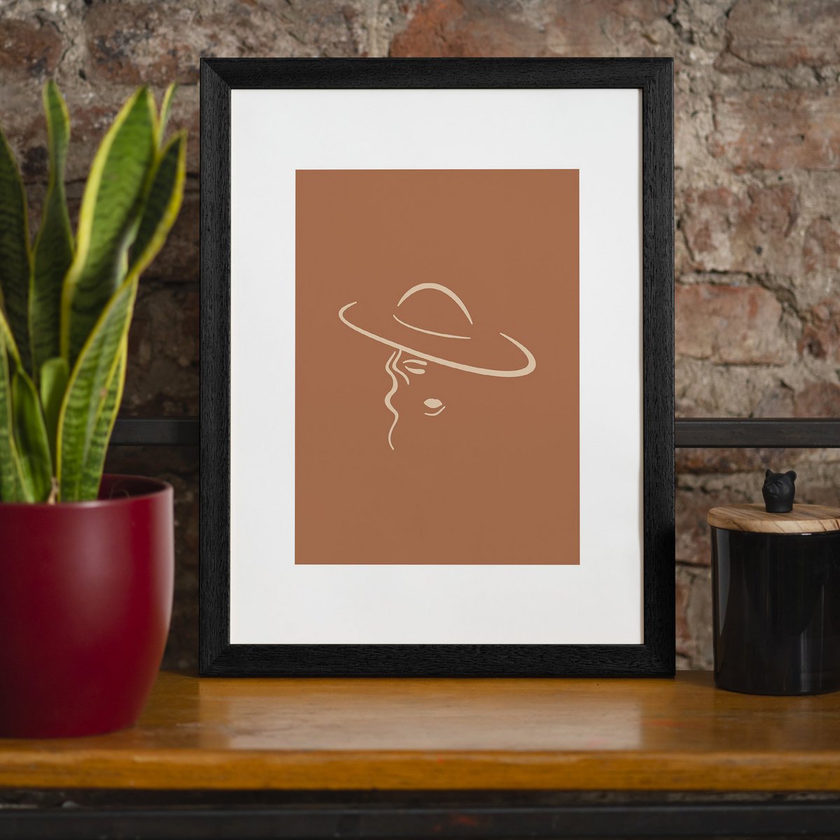 Lady Wearing Hat Natural Minimal Print
