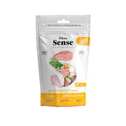 "Chicken gastrointestinal pet food with natural ingredients, flowers and vegetables styling, yellow packaging"