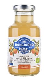This 250 ml orange juice bottle is made from organic, vine-ripened oranges. The juice has a vibrant orange color and a sweet, citrusy flavor.