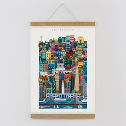Colorful abstract print depicting the San Francisco skyline with various geometric shapes, patterns, and architectural elements. The image features a vibrant and dynamic cityscape with a mix of modern and traditional buildings.