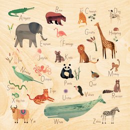 Colorful animal-themed poster with letters and illustrations of various animals including an alligator, bear, elephant, fox, giraffe, and more. The poster appears to be an educational or decorative item.