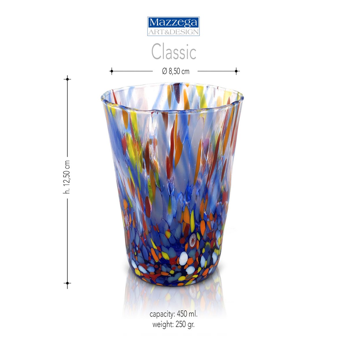 6 Klassische Babiti -Brille in Hand blasen und handgefertigt mit Murrine di Murano, "I Colori di Murano" Linie 390 ml. In Italien gemacht