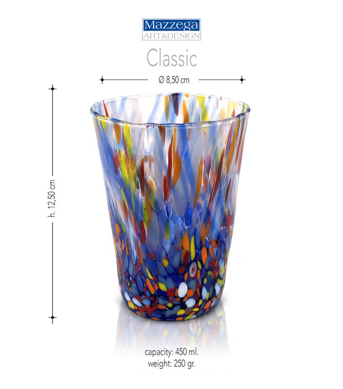 6 Klassische Babiti -Brille in Hand blasen und handgefertigt mit Murrine di Murano, "I Colori di Murano" Linie 390 ml. In Italien gemacht