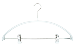 White coat hanger, 40 cm long, made of sturdy metal with clips to hold clothing securely.