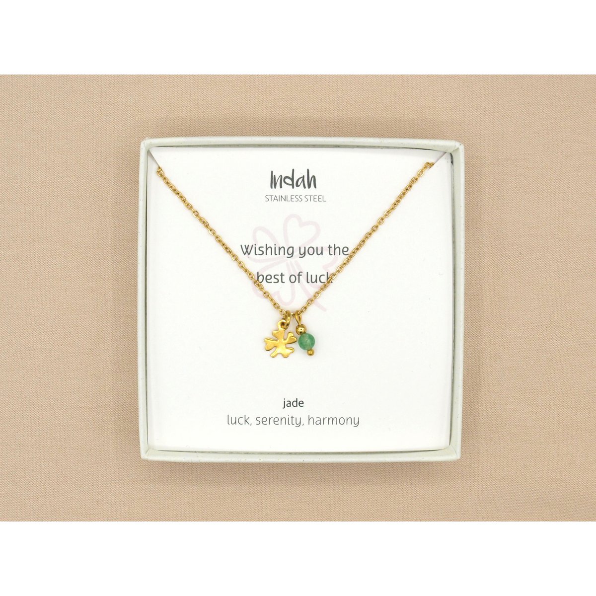 Ketting rock, klavertje vier en jade, zilver of goud stainless steel
