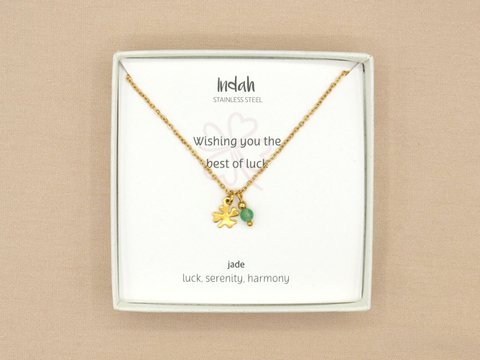 Ketting rock, klavertje vier en jade, zilver of goud stainless steel