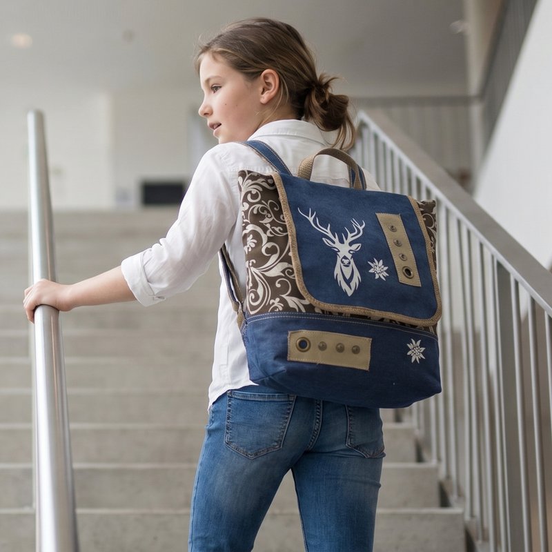 Domelo traditionele rugzak/schoudertas voor meisjes. Rugzak gemaakt van upcycled jeans en canvas met een hertenmotief