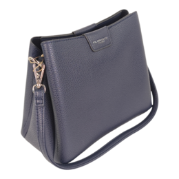 Gray leather handbag with gold-tone hardware and zipper closure.