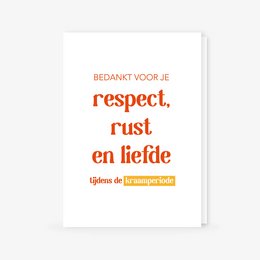 A greeting card with the text "Respect, peace and love - maternity period" in Dutch. The card features a simple, minimalist design with the text in an orange color.