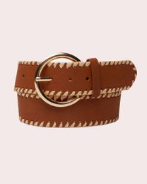 Boho leather belt with round buckle, cognac brown, whipstitched edges, adjustable sizes XS-M/L