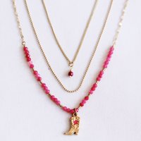 Triple necklace with cowboy boot and facets - pink