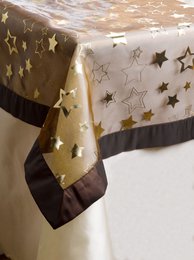 Gold and brown luxury tablecloth with stars pattern, elegant formal dining decor, 150cm wide.