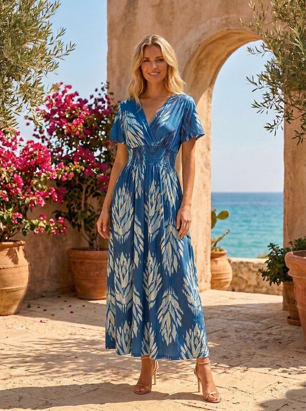 "Sommer" Maxi-kjole – kunstnerisk Ikat-print og smocked Empire-talje – 610-8