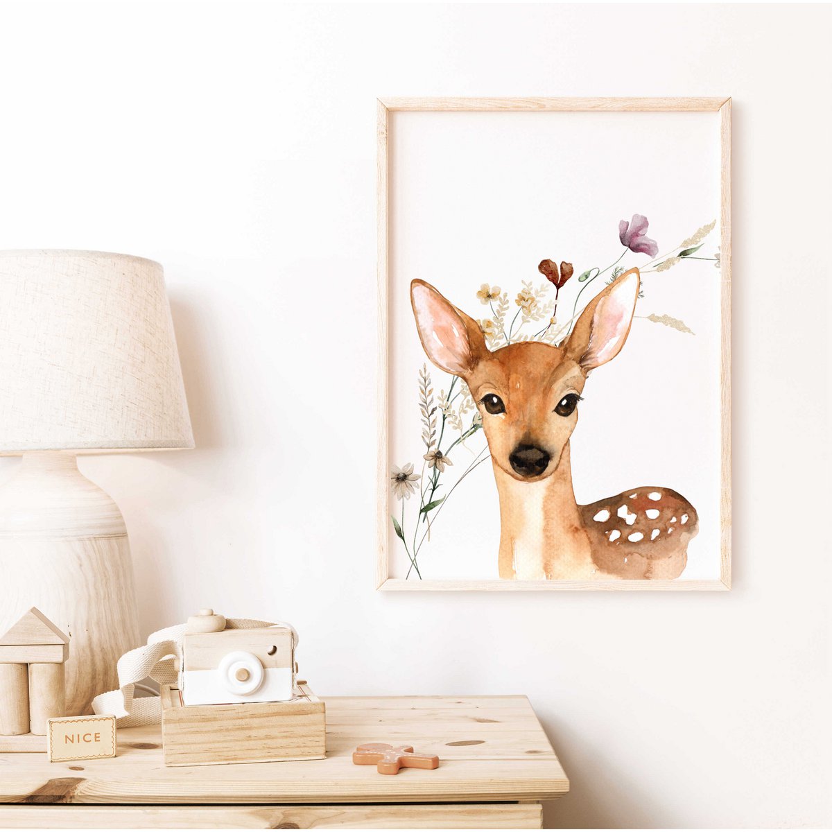 Hirsch-Poster, Hirsch-Druck, süßer Hirsch-Druck, Waldtiere-Kindergarten-Druck, Blumen-Kindergarten-Druck, Wildblumen-Druck, Mädchen-Kinderzimmer-Poster, Mädchenzimmer-Poster