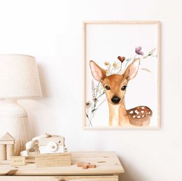 Poster di cervi, stampa di cervi, simpatica stampa di cervi, stampa della scuola materna degli animali del bosco, stampa della scuola materna floreale, stampa di fiori di campo, poster della scuola materna delle ragazze, poster della stanza delle rag...