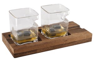 Duo Whiskey Two glasses wooden support 4 ice cubes ceramic