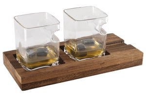 Duo Whiskey Two glasses wooden support 4 ice cubes ceramic