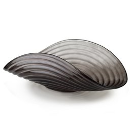 Black and grey striped glass decorative bowl, modern shell shape design, contemporary home decor accent piece.