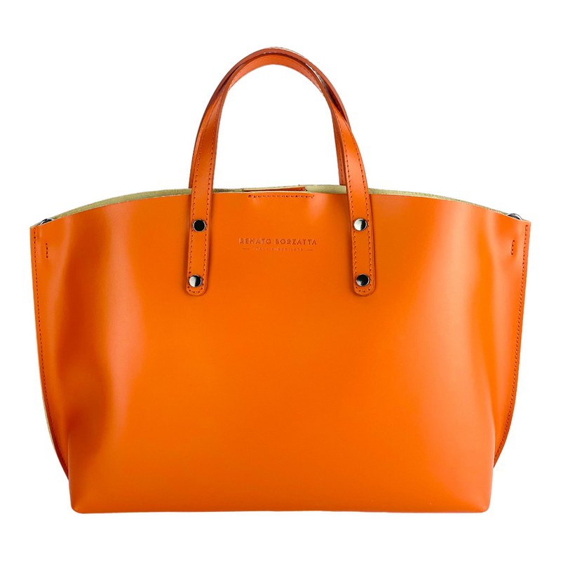 RB1024AM | Borsa Donna a Mano in Vera Pelle Made in Italy con tracolla removibile. Sacca grande interna estraibile. Accessori Canna di Fucile Lucido - Colore Paprika - Dimensioni: cm 48x31x11