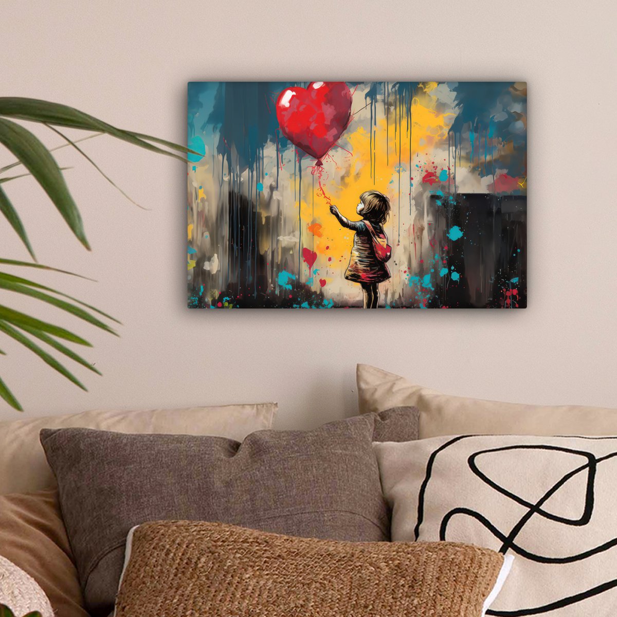 Canvas schilderij  - Wanddecoratie Meisje - Ballon - Hart - Graffiti - Muurdecoratie woonkamer - Slaapkamer decoratie - Kamer accessoires - Schilderijen op canvas