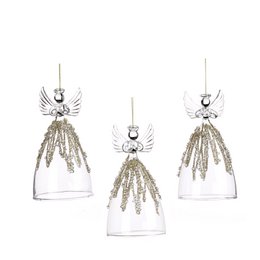  A set of 3 glass ornaments with angel designs and gold glitter accents. The ornaments have a clear glass body with a metallic angel figure and gold glitter details. The ornaments are suitable for hanging on a Christmas tree or displaying as holiday decor.