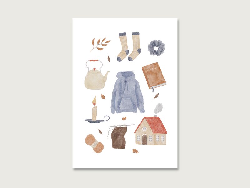 Postkort | "Collage derhjemme" P_63 | Vandfarve | Illustration | Læs | Hyggelig | Bog | Langsomt liv | Hyggelig | Hus || Hjerte & papir