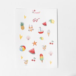 Colorful sticker sheet featuring various summer-themed icons and symbols, including pineapple, ice cream, beach ball, and more. Perfect for decorating, scrapbooking, or adding a touch of summer to any project.