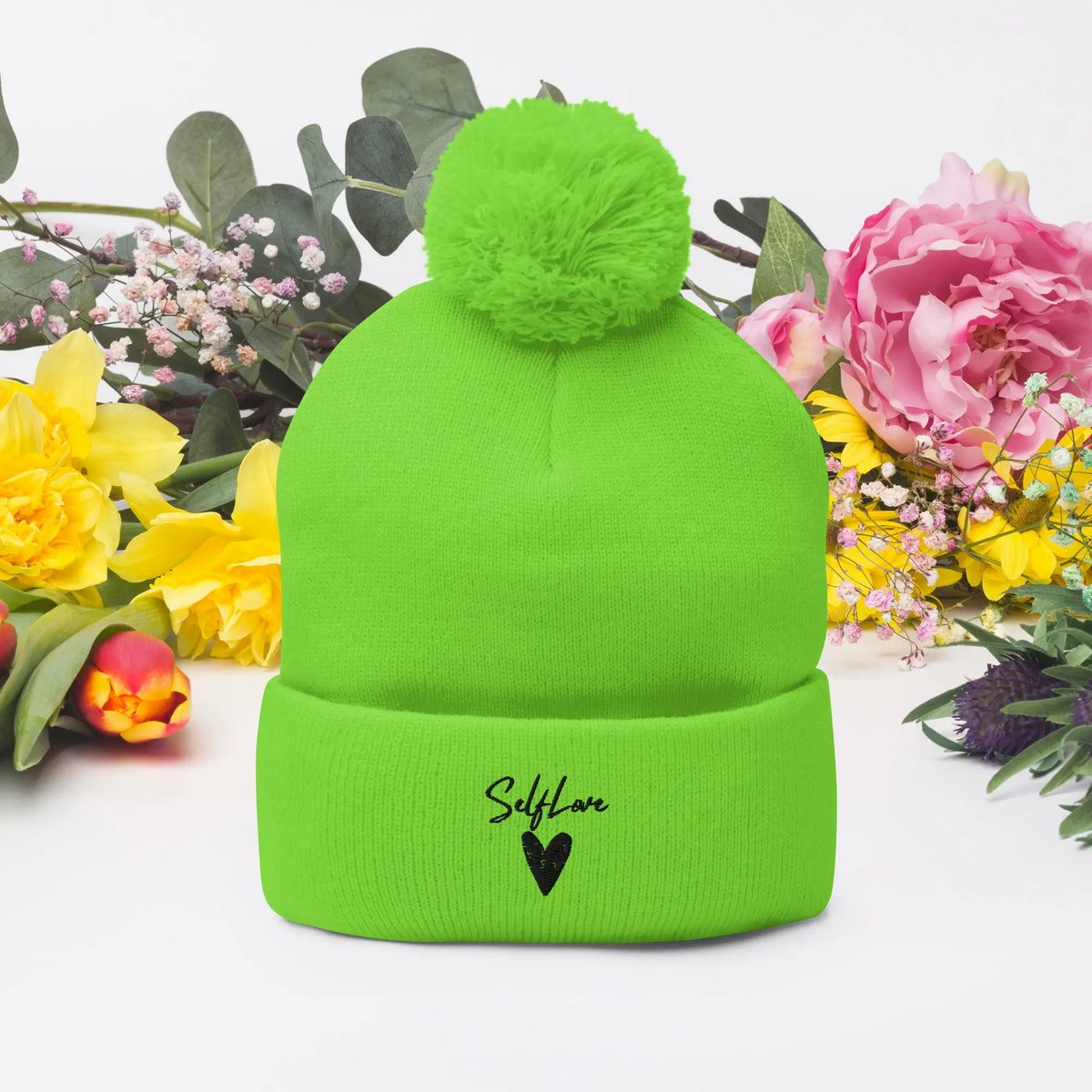 Self Love Pom-Pom Beanie - Women's Beanie with Embroidery