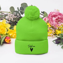 Self Love Pom-Pom Beanie - Women's Beanie with Embroidery