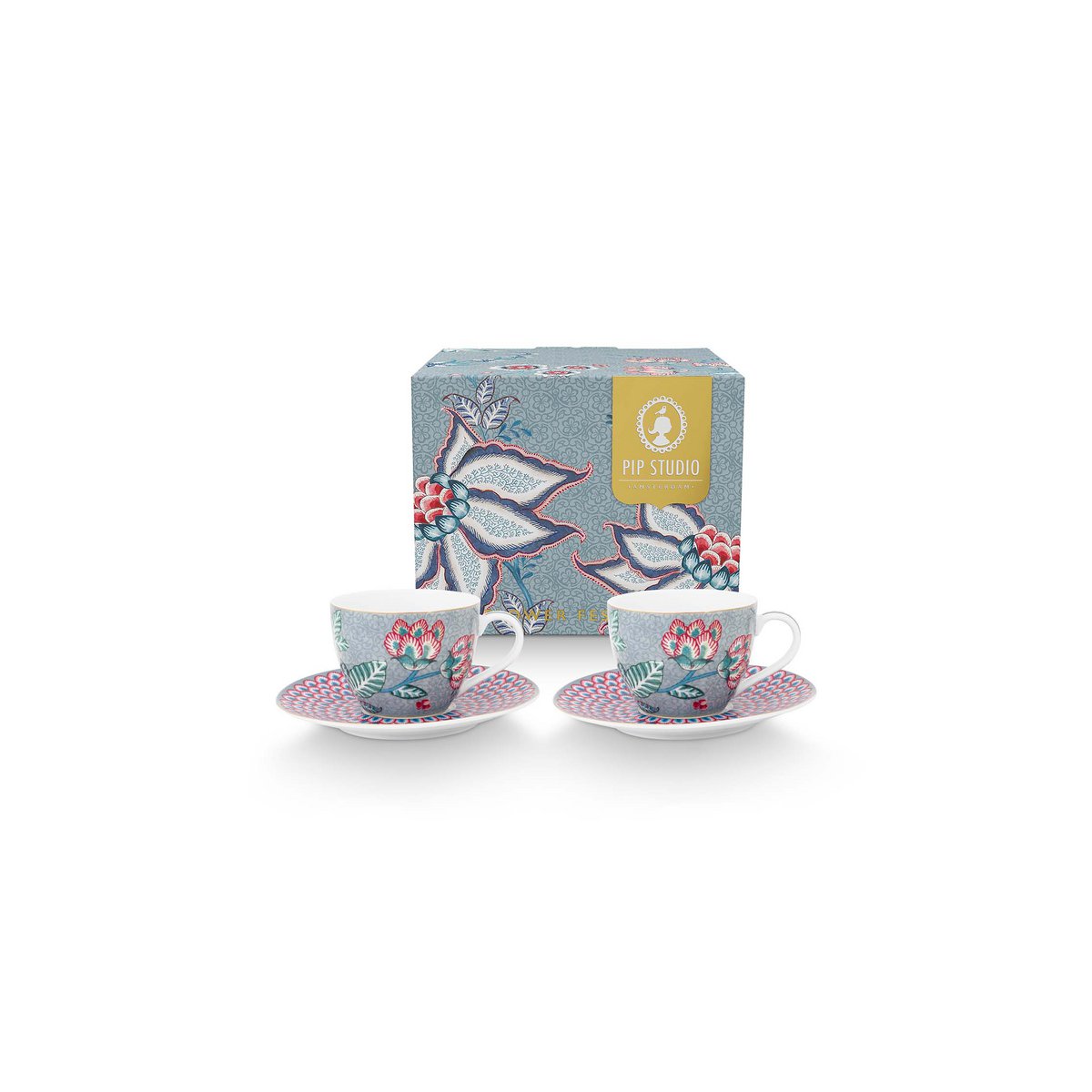 Set/2 Espresso Cups & Saucers Flower Festival Light Blue 120ml