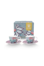 Set/2 Espresso Cups & Saucers Flower Festival Light Blue 120ml