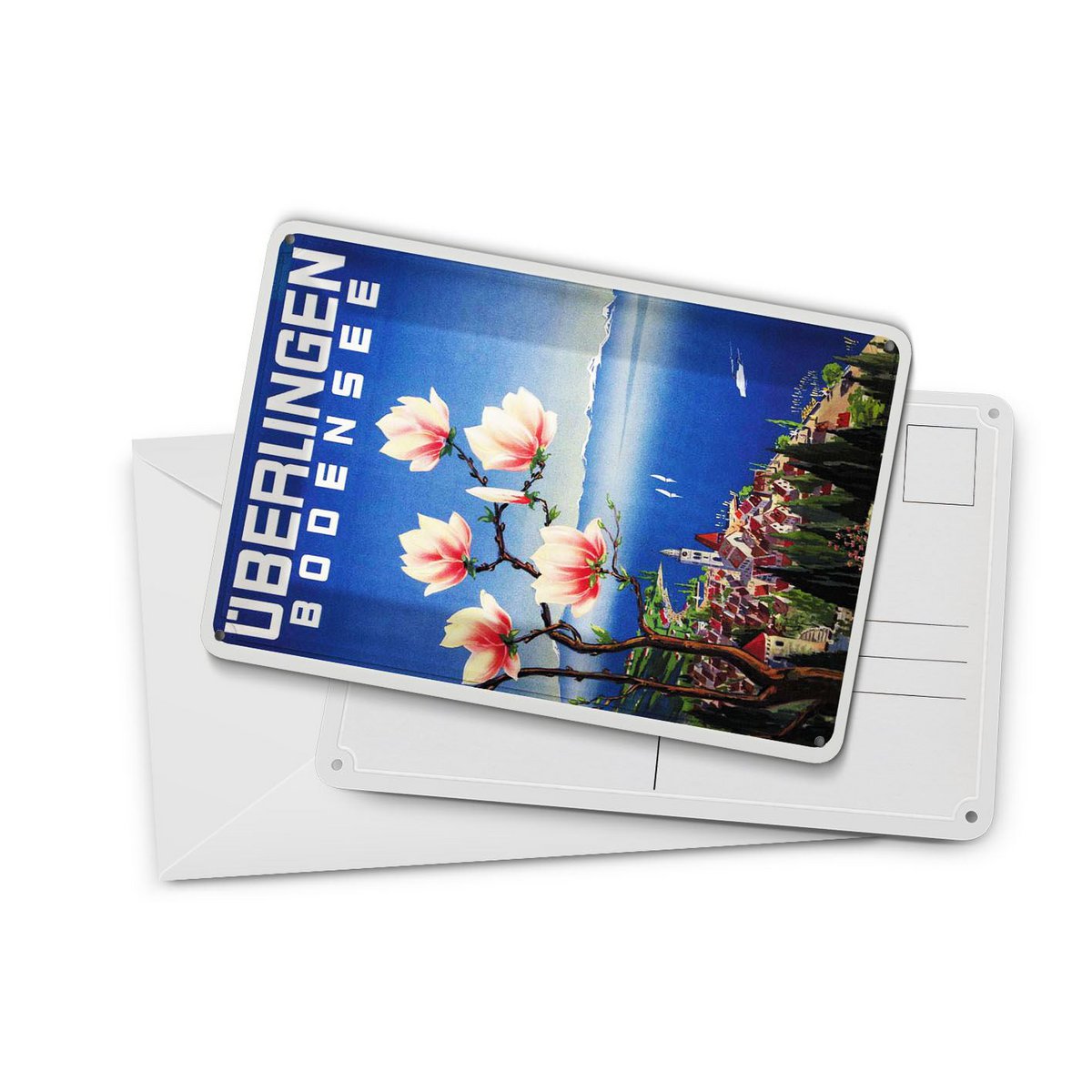 Cartolina da viaggio in metallo 10x14 cm Überlingen Lago di Costanza fiori decorazione lago