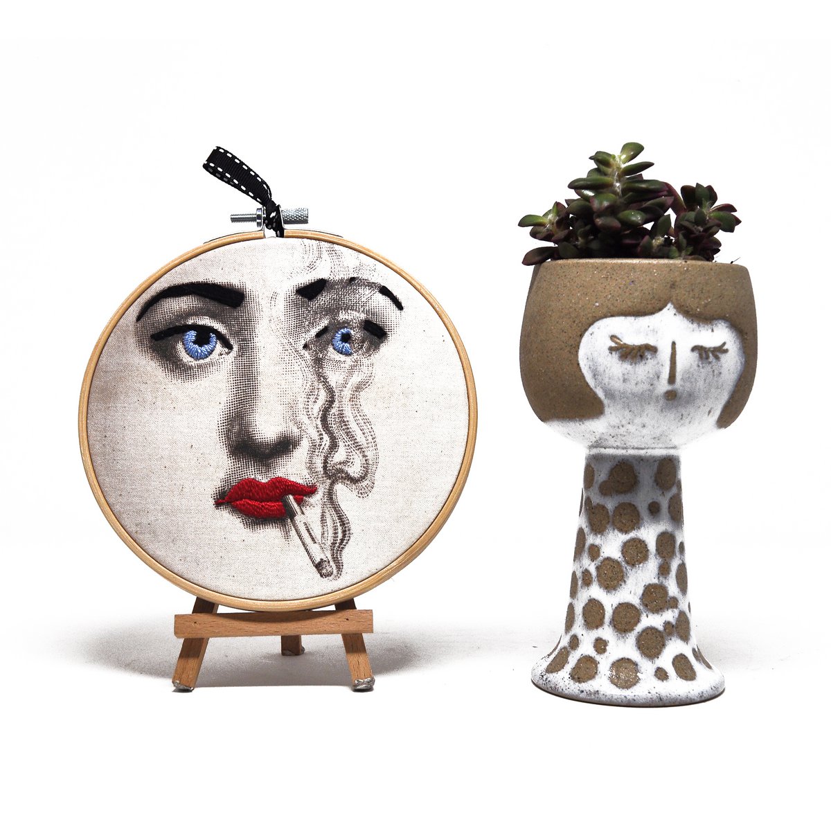 Handmade Embroidery Hoop Art - "Iconic Lina" Collection (Fornasetti Inspired) - Textile Wall Decoration 15cm