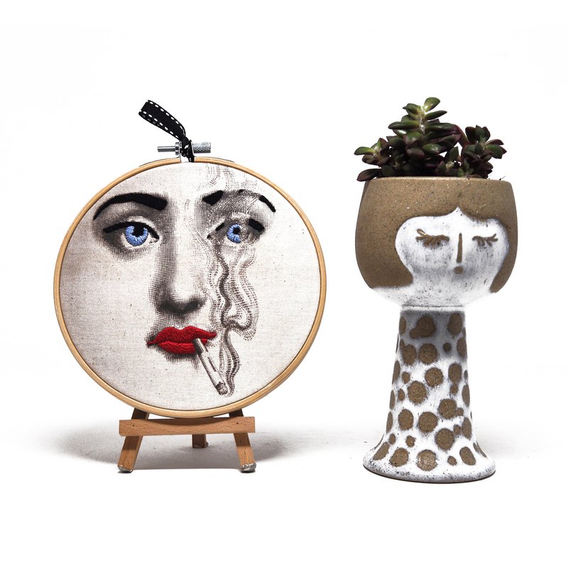 Handmade Embroidery Hoop Art - "Iconic Lina" Collection (Fornasetti Inspired) - Textile Wall Decoration 15cm