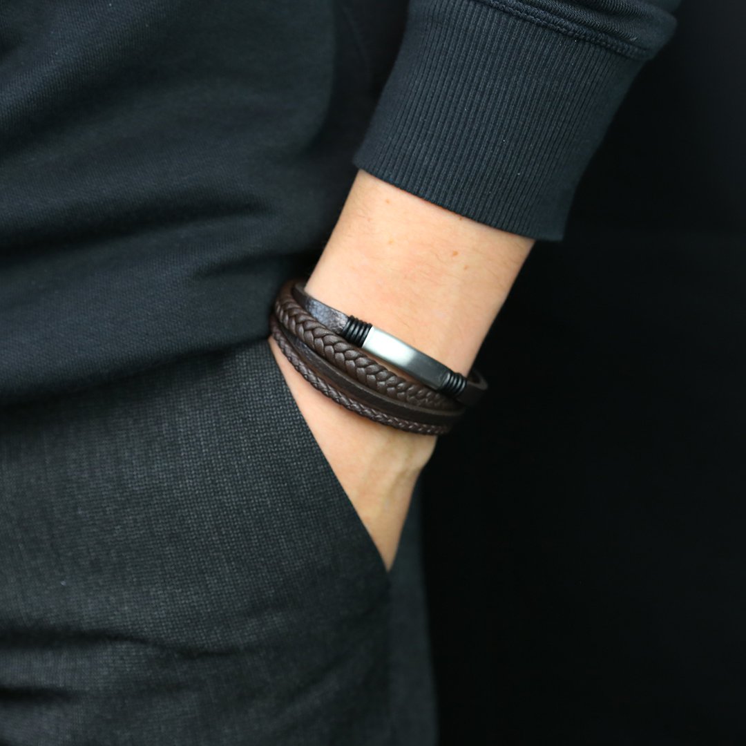 Frank 1967 Leather 7FB-0380 Leren Heren armband - 20 cm - Zilverkleurig / Bruin