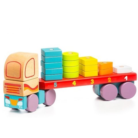 Hölzerner LKW mit geometrischen Figuren