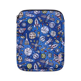 A small, medium-sized pouch in purple or blue featuring a playful outer space-themed pattern with various icons and symbols such as rockets, planets, stars, and more. The pouch is suitable for storing small items and can be used for a variety of purposes.