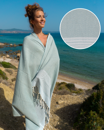 Soft, lightweight Turkish hammam towel in mint and light blue colors, ideal for beach, spa, and sauna use.