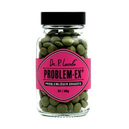 Chocolate-flavored dragees containing Dr. P. Lacebo's Problem-Ex formula, a dietary supplement for supporting healthy digestion.