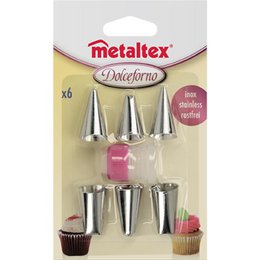 Stainless steel cupcake nozzles, set of 6, for decorating and piping cupcakes and cakes. Includes various nozzle shapes for different designs.