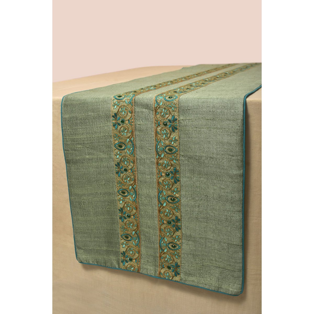 Hand-Embroidered Dupion Silk Table Runner - With Beadwork & Silk Piping