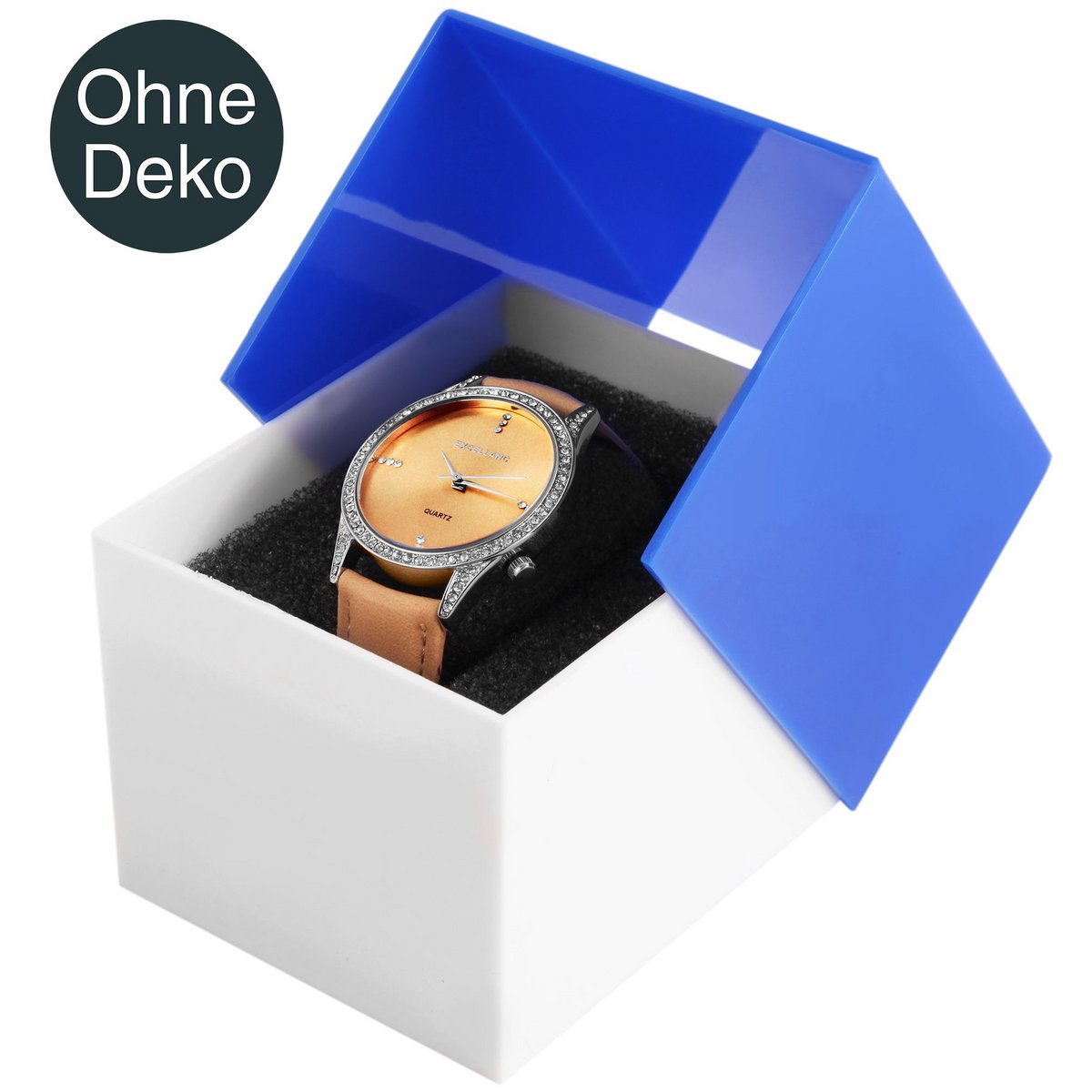 Plastic watch box, white/blue, hinged lid, pack of 12, 9.9 cm x 8.1 cm x 6.8 cm