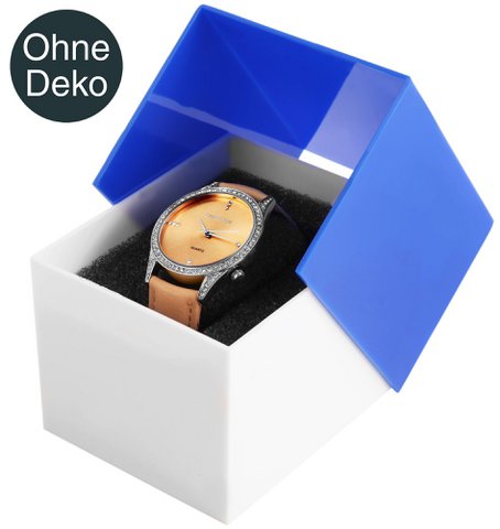 Kunststoff-Uhrenbox, weiß/blau, Klappdeckel, VE 12, 9,9 cm x 8,1 cm x 6,8 cm