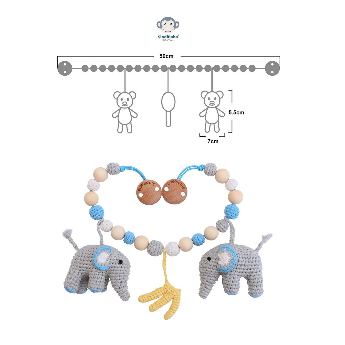 Crocheted pram chain elephant JUMBO in blue