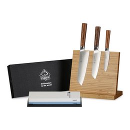 PUMA IP set of 3: 7” Santokumesser + 5.5” Santokumesser + Office 4” Schälmesser aus Japanischem VG-10 Damaststahl mit Griff aus Nussbaum-Pakkaholz mit Magnet-Bambus Messerhalter und Wasserschleifstein